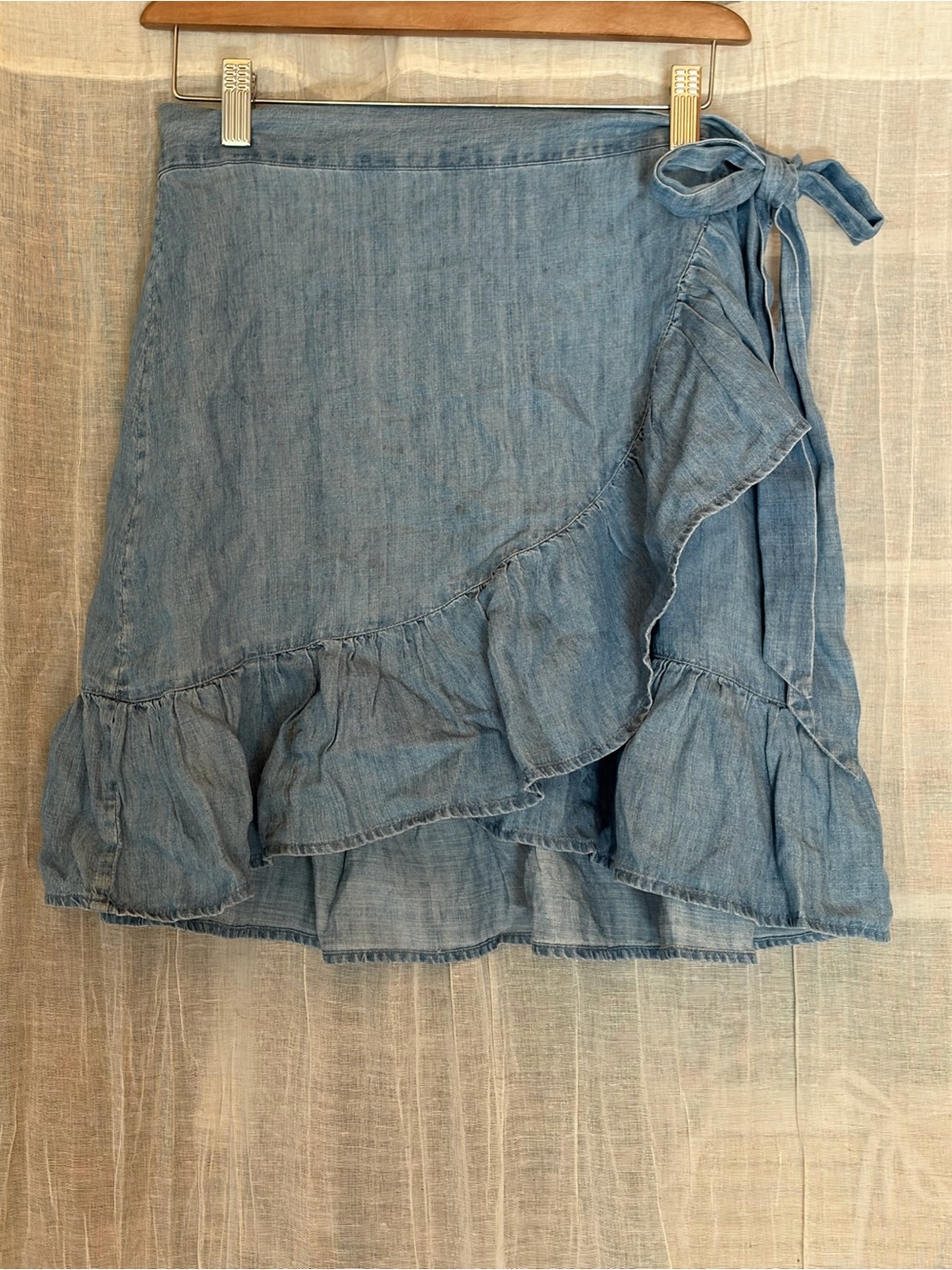 Light Blue Chambray Ruffle Wrap Skirt - Women Medium
